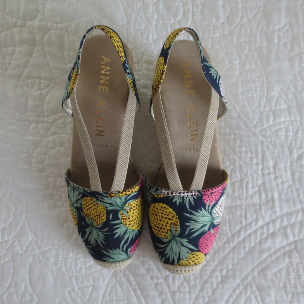 Anne Klein Pineapple Print Navy Blue Espadrille Summer Wedges